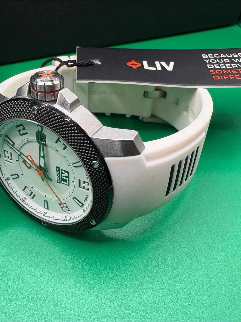 LIV White Dial Sport Watch with Black Textured Bezel